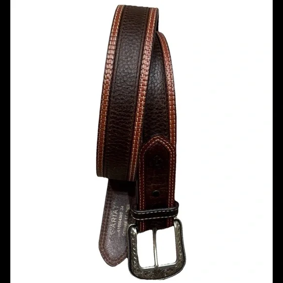 Ariat Mens Two-tone Leather Belt-A10004305 Brown Silver Buckle Size 34 NWOT - Picture 1 of 9